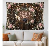 Tapisserie florale de remise de diplôme, décoration murale bohème pêche et vert, décoration rustique pour fête de remise de diplôme, tapisserie esthétique pour salon, chambre à coucher, 203 x 152,4 cm