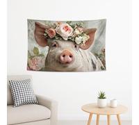 Tapisserie florale en forme de cochon pastel, à suspendre au mur pour décoration printanière, animal mignon, œuvre d'art bohème pour chambre à coucher, salon, style ferme, 152,4 x 101,6 cm