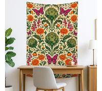 Tapisserie florale et papillons verts et orange, décoration murale vintage, esthétique bohème pour salon, chambre à coucher, décoration d'intérieur, 127 x 152 cm