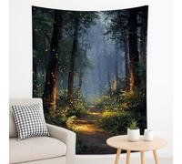 Tapisserie forêt enchantée, vert foncé à suspendre au mur avec lucioles, décoration naturelle mystique pour salon, chambre à coucher, esthétique bohème 177,8 x 228,6 cm