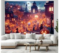 Tapisserie Halloween,Halloweens en ville Des rues, des citrouilles et des gens,Décoration Murale pour la Décoration de la Fête de la Photographie 180x230cm