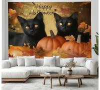 Tapisserie Halloween,Illustrations d'animaux Chat noir, citrouille,Décoration Murale pour la Décoration de la Fête de la Photographie 150x200cm