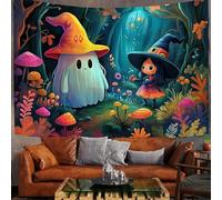 Tapisserie Halloween Turquoise, Sorcière Fantôme Forêt De Champignons, Décoration Tapisseries Murale Pour Dortoir Salon Appartement Décoration De La Fête De La Photographie 150X130Cm