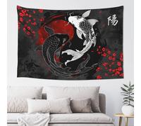 Tapisserie japonaise Yin Yang Koi poisson manga rouge et noir Sakura Art Tapisserie murale verticale à suspendre pour homme chambre salon bureau université dortoir décoration d'intérieur 152,4 x 101,6