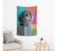 Tapisserie moderne colorée à rayures avec chat mignon, art mural décoratif fantaisie, animaux ludiques esthétiques pour salon, chambre, dortoir, vacances 101,6 x 152,4 cm
