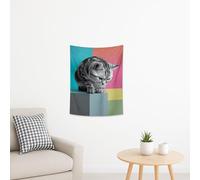 Tapisserie moderne colorée à rayures avec chat mignon, art mural décoratif fantaisie, animaux ludiques esthétiques pour salon, chambre, dortoir, vacances 76,2 x 101,6 cm