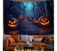 Tapisserie Murale 150x100 cm Tenture Murale Forêt Sombre Couverture Murales Chemin Des Citrouilles D'Halloween Tapisseries Decoration Murales pour Salon, Chambre, Dortoir, Bleu Foncé