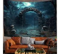 Tapisserie Murale 200x150 cm Tenture Murale Cimetière D'Halloween Couverture Murales Arche De La Forêt De L'Horreur Tapisseries Decoration Murales pour Salon, Chambre, Dortoir, Bleu-Vert