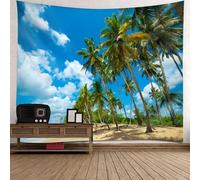 Tapisserie murale 240 x 220 cm, en polyester naturel, bleu, blanc, vert, ciel bleu, plage et cocotiers