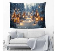 Tapisserie Murale À Suspendre Représentant Un Village De Noël En Hiver Dans Les Bois - Forêt De Sapins Avec Cabanes Enneigées - Tapisseries Décoratives Pour Chambre À Coucher, Salon, Dortoir,