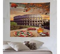 Tapisserie murale à suspendre Rome Colisée Italie Pizza Feuilles d'automne Image italienne européenne Nourriture traditionnelle Tapisseries d'automne Décoration d'intérieur pour salon Ferme Cuisine Do
