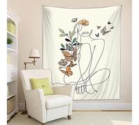 Tapisserie murale abstraite en tissu Minimaliste Moderne Fleur Plante Portrait esthétique Beige Décoration d'intérieur pour salon, chambre à coucher (M/130 x 150