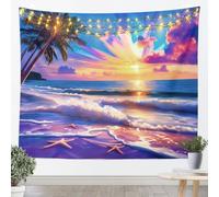 Tapisserie murale aquarelle - Taille S - Motif océan - Plage et étoiles - Impression murale pour chambre à coucher de soleil - Paysage naturel - Art mural pour enfants