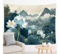 Tapisserie murale avec fleurs de nénuphar bleu vert, paysage naturel, décoration d'intérieur artistique pour salon, chambre à coucher, méditation, 228,6 x 178,8 cm