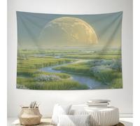 Tapisserie Murale Avec Lune Prairie Montagnes - Décor D'intérieur Esthétique - Peinture De Paysage De Science-Fiction Tapisserie Murale 3D Effet Murales Tissu Estampes Pour Chambre Salon 150x100cm