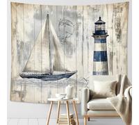 Tapisserie murale avec phare nautique et voilier - Bleu et beige - Décoration maritime pour chalet de plage d'été, salon et chambre à coucher - 152,4 x 203,2 cm