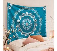 Tapisserie murale Bohème, Zodight Mandala Médaillon Floral Tapisserie Hippie avec Design Couronne Blanc Esthétique,Blauer Kranz/150X130CM