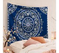 Tapisserie murale Bohème, Zodight Mandala Médaillon Floral Tapisserie Hippie avec Design Couronne Blanc Esthétique,Marineblau/150X130CM