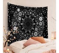 Tapisserie murale Bohème, Zodight Mandala Médaillon Floral Tapisserie Hippie avec Design de Couronne Blanche Esthétique,Schwarz/150X130CM