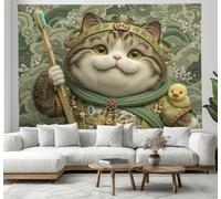 Tapisserie Murale Brosse À Dents Chat Tenture Murale Style D'Illustration Chinois Couverture Murales Vert Brunâtre Tapisseries Decoration Murales Pour Maison Salon Chambre Dortoir, 230 X 180 Cm