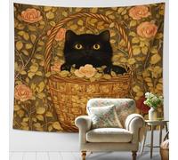 Tapisserie murale chat dans un panier, rose florale - Décoration murale vintage pour salon, chambre à coucher, amoureux des animaux, art mural d'intérieur - 152,4 x 101,6 cm