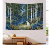 Tapisserie Murale Chien De L'Herbe Des Forêts, Paysage De Dessin Animé Tapisserie Imprimée, Bleu-Vert Tapestry Pour Couvre-Lit Salon Décoration Murale Art Mural Fête 150x130cm