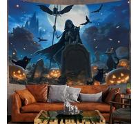 Tapisserie Murale Cimetière D'Halloween Tenture Murale Tissu Cape Squelette Couverture Murales Bleu Foncé Tapisseries Decoration pour Maison Salon Chambre Dortoir, 100x75 cm
