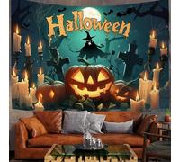 Tapisserie Murale Cimetière D'Halloween Tenture Murale Tissu Pierre Tombale En Forme De Citrouille Bougies Couverture Murales Vert Tapisseries Decoration pour Maison Salon Chambre Dortoir, 200x150 cm