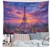 Tapisserie Murale Coucher Soleil Sur Tour Eiffel À Paris Tenture Murale Paysage Urbain Romantique Poster Tissu Grande Décoration Tenture Murale pour Chambre à Coucher, Dortoir, Sofa Couverture, Violet