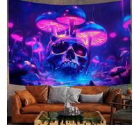 Tapisserie Murale Crânes Et Champignons Tenture Murale Vent D'Amas Bactériens Fluorescents Couverture Murales Decoration Murales Poster pour Maison Salon Chambre Dortoir, 150x100 cm, Bleu-Violet