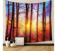 Tapisserie murale de lever de soleil forêt - Décor mural inspiré de la nature pour chambre à coucher, salon, salle de méditation - Art mural pittoresque de bois