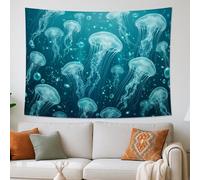 Tapisserie murale décorative à suspendre avec méduse bleu océan, créatures sous-marines, esthétiques pour salon, chambre à coucher, dortoir, 203 x 152 cm