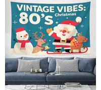 Tapisserie Murale Décorative Appartement Père Noël, Renne Bonhomme De Neige Papier Peint Tissu Noël En Dessin Animé Tapestry Aesthetic Wall Décoration Panoramique pour Salon, Chambre à Coucher, Bleu