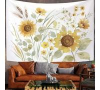 Tapisserie Murale Décorative Chambre - Jaune-Vert Tournesol À Feuilles Vertes Illustrations À L'Aquarelle 100 X 75 Cm Grand - Papier Peint Tissu - Tapestry Aesthetic Wall - Décoration Panoramique