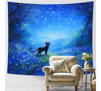 Tapisserie murale décorative motif chat ciel nocturne bleu, étoiles, sauvage, bohème, décoration murale, tapisserie mystique esthétique pour chambre à coucher, salon, dortoir, 203 x 152,4 cm