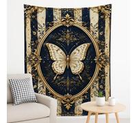 Tapisserie murale décorative vintage dorée et papillon bleu marine, élégante pour salon, chambre à coucher, décoration d'intérieur, 177,8 x 228,6 cm