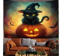 Tapisserie Murale Dessin Animé Halloween Tenture Murale Chat Noir Mignon Et Chapeau De Sorcière, Couverture Murales Orange Tapisseries Decoration Murales pour Maison Salon Chambre Dortoir,