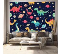 Tapisserie Murale Dinosaures Colorés 130 X 150 Cm - Tenture Murale Bleu Foncé Pour Chambre, Salon, Dortoir, Bureau, Chambre D'Enfants, Décoration Murale, Animaux Primitifs De Dessins Animés