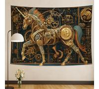 Tapisserie murale dorée steampunk cheval magique, engrenages, mécanisme industriel vintage, art décoratif esthétique pour chambre à coucher, salon, dortoir 101,6 x 152,4 cm