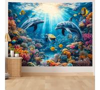 Tapisserie murale du monde sous-marin - Océan bleu, poisson tropical, récif de corail, aquarium profond scène magique sous-marine, pour chambre à coucher, dortoir, salon (tortues et dauphins, 150 x