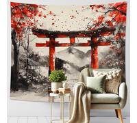 Tapisserie murale en feuilles d'érable rouges, sanctuaire japonais Torii, art décoratif d'automne pour salon, chambre, dortoir, esthétique inspirée de la nature 152,4 x 101,6 cm