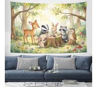Tapisserie Murale Goûter Des Animaux De La Forêt Tenture Murale Couverture | Murales Cerf Mignon Lapin Vert Sauge Tapisseries Decoration Murales Pour Maison Salon Chambre Dortoir, 230X180 Cm