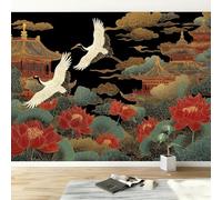 Tapisserie Murale Intissée Chinois Vintage Architecture Fleurs Oiseaux Facile à Poser - Papier Peint Sur Mesure Multicolore 250L x 175H cm, Poster XXL Lessivable pour Chambre d'enfant et Restaurant