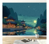 Tapisserie Murale Intissée Dessin Animé Architecture Rivière Montagnes Facile à Poser - Papier Peint Sur Mesure Cyan 350L x 256H cm, Poster XXL Lessivable pour Chambre d'enfant et Restaurant