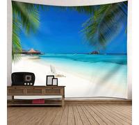 Tapisserie murale moderne en polyester, bleu, vert, beige, feuilles de palmier, mer, plage, paysage, tapisserie murale d'extérieur 240 x 220 cm
