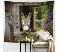 Tapisserie murale motif âne dans la fenêtre, motif floral marron et vert, décoration animale pour chambre à coucher, salon, style ferme, accents décoratifs uniques 203 x 152 cm