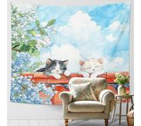Tapisserie murale motif chats sur un mur, ciel et fleurs à suspendre, tapisserie fantaisie, parfaite pour chambre à coucher, salon, art mural charmant 152,4 x 101,6 cm