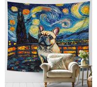 Tapisserie murale motif chiens français nuit étoilée, art animal coloré à suspendre pour chambre à coucher, salon, décoration d'intérieur confortable, jolie tapisserie esthétique 152,4 x 101,6 cm