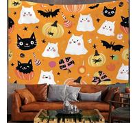 Tapisserie Murale Motif D'Halloween Tenture Murale Joli Visage De Chat Noir Et Tête De Fantôme Couverture Murales Curcuma Tapisseries Decoration Murales pour Maison Salon Chambre Dortoir,