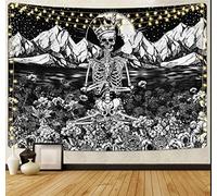 Tapisserie murale noire et blanche - Soleil et lune / Tête de mort - Décoration d'intérieur mystérieuse pour chambre à coucher (D, 150 x 130 cm)